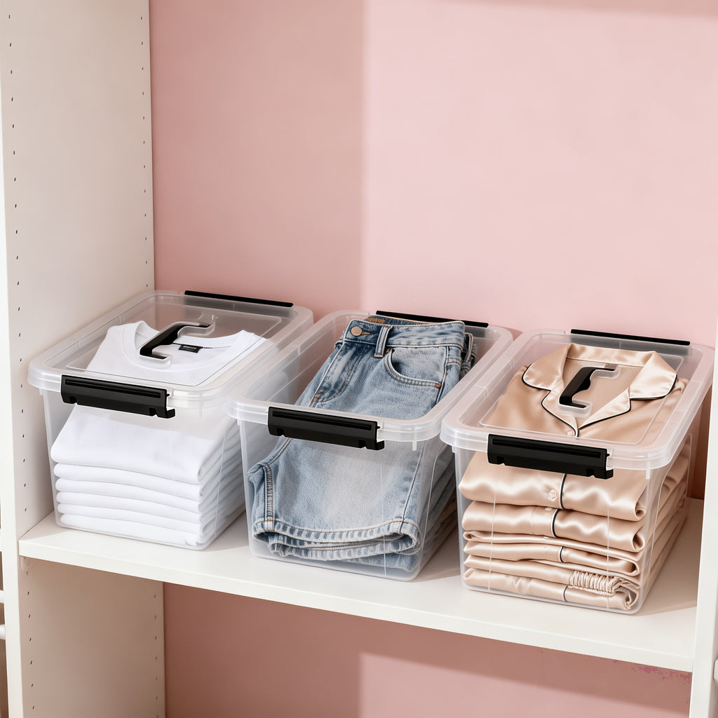 6-Quart Clear Plastic Storage Boxes with Latching Closures, Stackable 3 or 6-Pack Organizer Bins for Home Office Supplies and Closet Organization