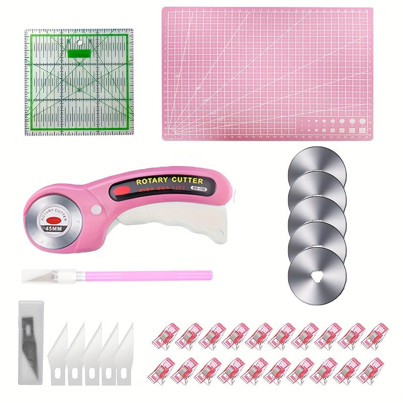 Rotary Fabric Cutter Set with Listed 45mm Blade, Five Replacement Blades, A4 Mat, Craft Knife and Acrylic Ruler in White Pink or Red for Quilting Projects
