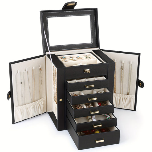 Six-Layer Jewelry Box with Mirror and Five Drawers, PU Leather Dresser Storage in Classic Black or Elegant White for Organizing Rings, Bracelets and Watches