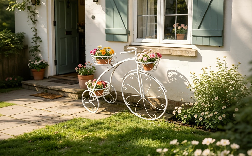 Tricycle Plant Stand in Black or White with Three Iron Pot Holders, Decorative Bicycle Flower Display with Fixed Wheels for Home and Suitable Patio Spaces