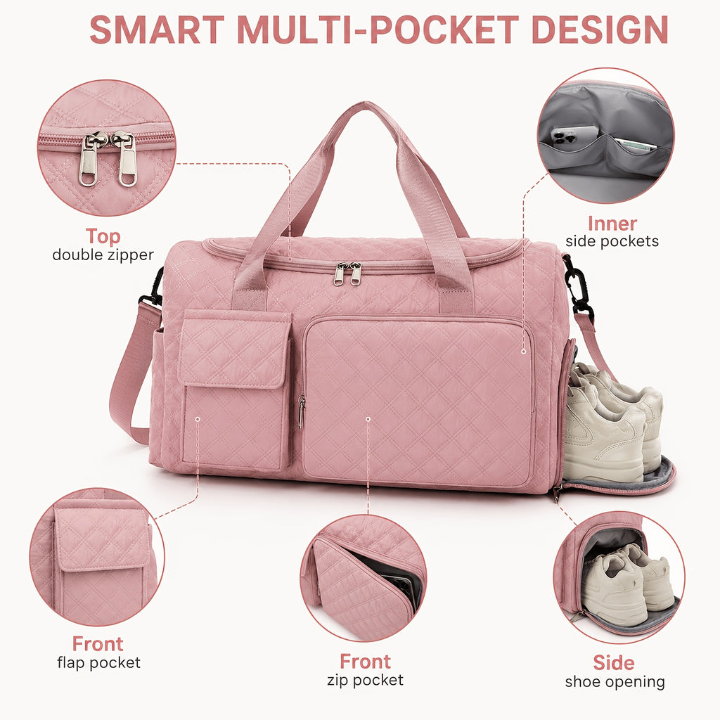 Dry-Wet Separation Travel Tote Bag with Double-Side Pockets, Shoulder and Crossbody Handbag in Six Color and Size Options for Gym and Trips