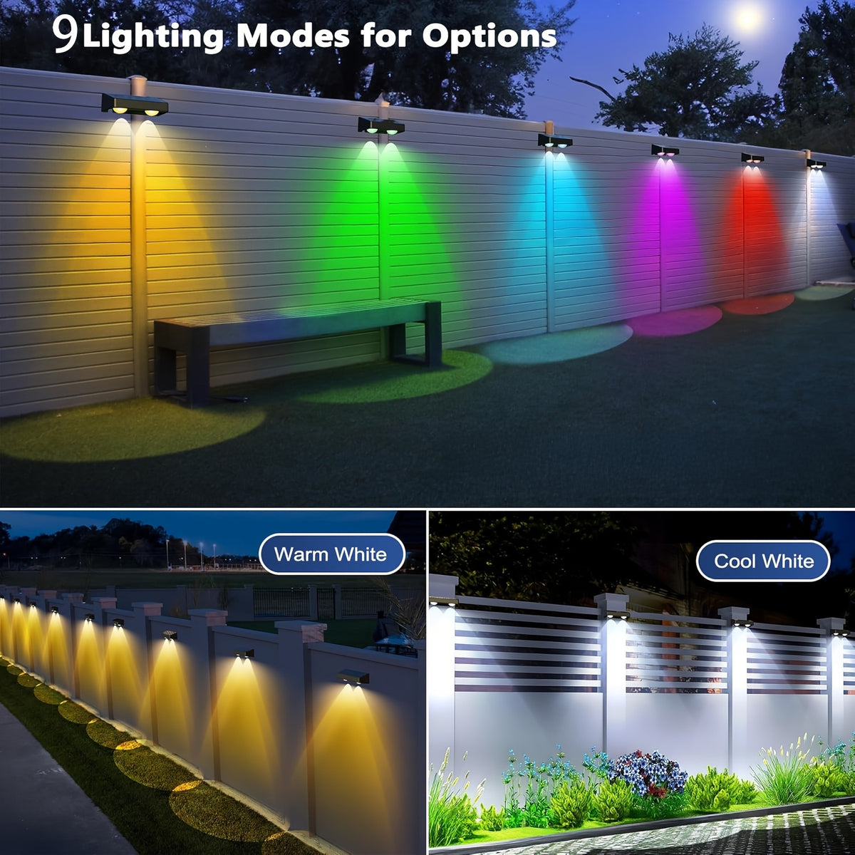 Multicolor Solar Fence Lights with Nine Listed Modes and Lens-Focused LEDs, Outdoor Wall and Patio Decorative Lighting in Packs of 4, 6, 8 or 10