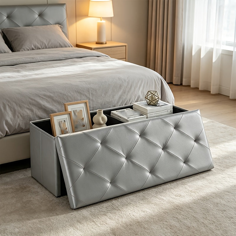 Padded Storage Ottoman Bench with Folding Design, 30IN or 43IN Labels and Faux Leather or Linen-Labeled Color Options for Bedroom, Entryway and Living Room