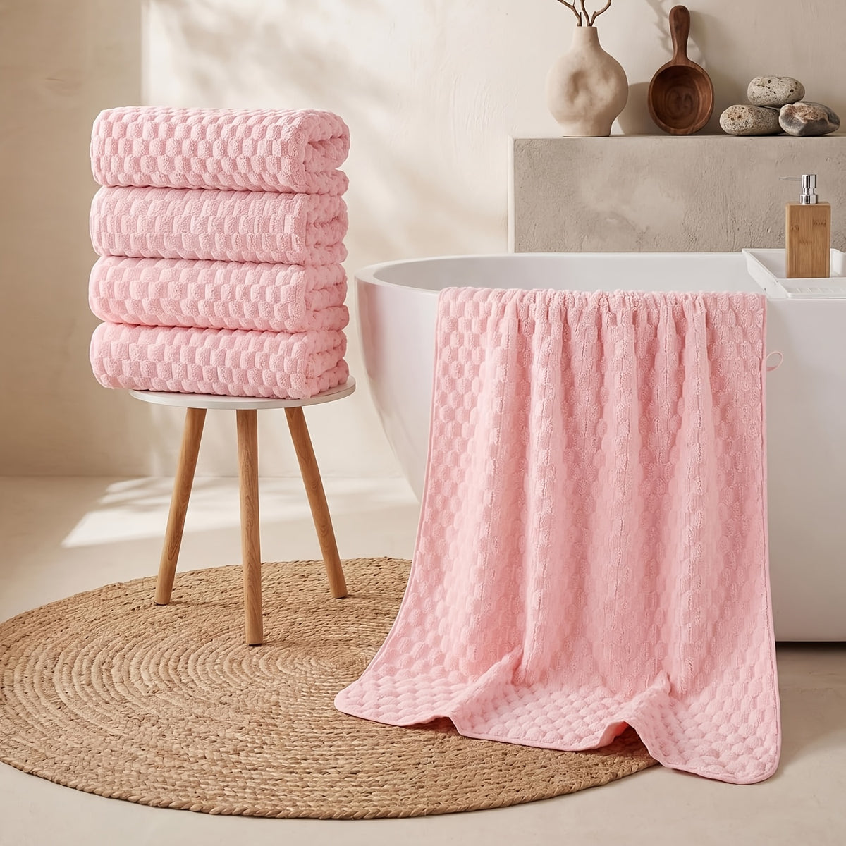 Coral Fleece Bath Towel Set with Hair Drying Cap, Five-Piece Bundle Featuring Four 27 x 55 Inch Plush Towels and Listed Hanging Loops for Home Shower Routines