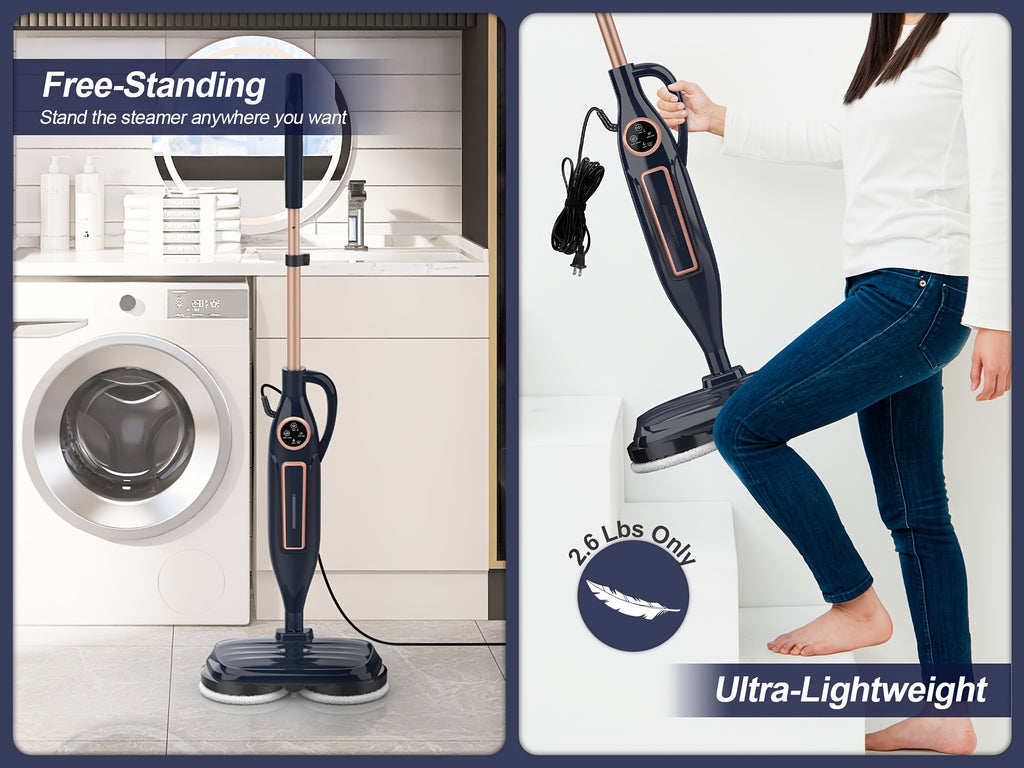 Rotating-Pad Steam Mop VM6 with Three Listed Steam Modes, LED Headlights and Removable Water Tank, Black Gray or Black Golden Floor Cleaning Options