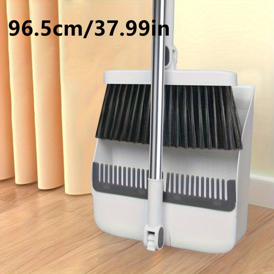 Long Handle Broom and Dustpan Set with Rotatable Design and Comb Teeth, White, Blue or Orange Options for Indoor Kitchen Floors and Everyday Pet Hair Cleanup
