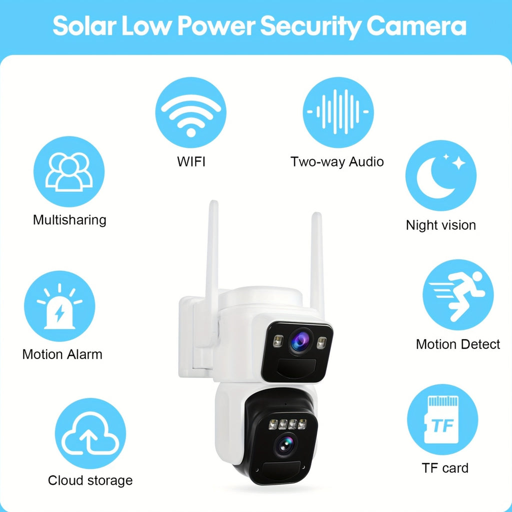 Dual-Screen Solar WiFi Security Camera with Fixed Wide-Angle and Rotating PTZ Lenses, 8000mAh Battery, Night Vision, Two-Way Audio and Optional TF Card Packages