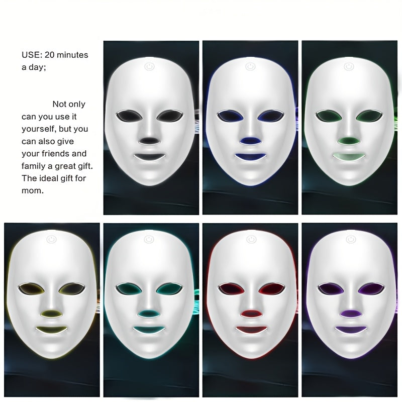 USB-Charging Facial Beauty Mask in White with Listed Seven-Color Design, Portable Personal Skin-Care Instrument for Home Routines and Thoughtful Gift Ideas