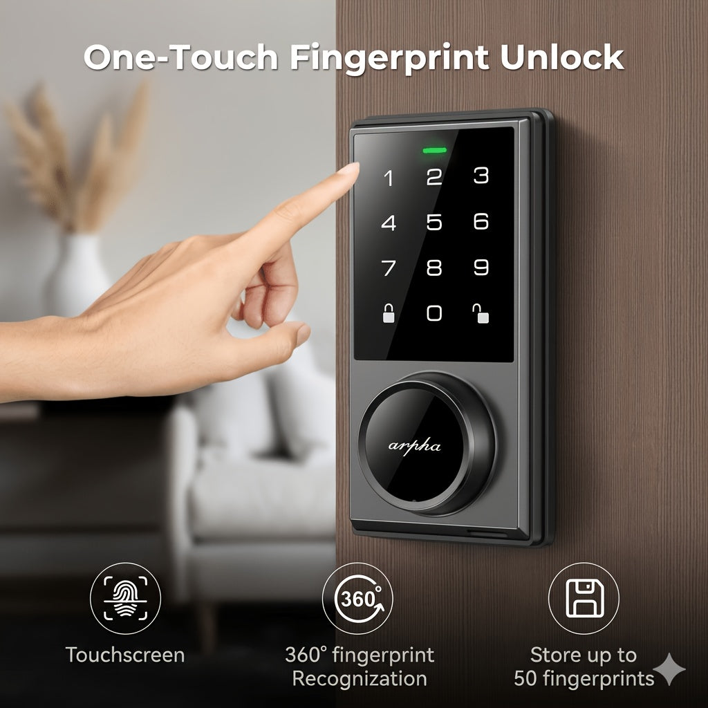 Touchscreen Smart Deadbolt Lock by ARPHA in Black with Digital Keypad, WiFi App Control, Auto-Lock and Anti-Peeping Password Features for Compatible Doors