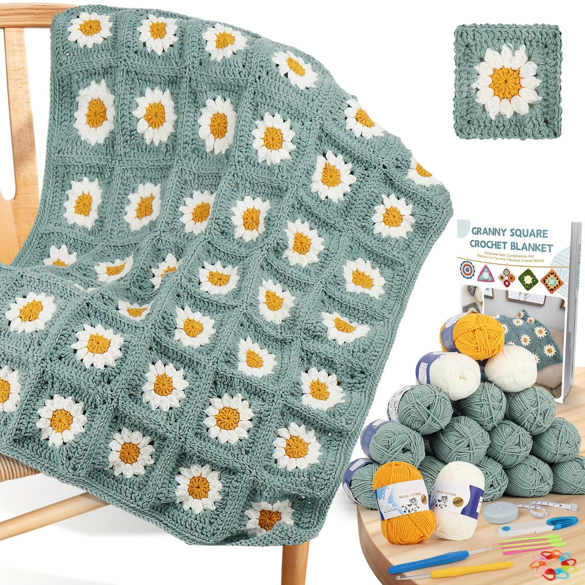 Daisy Blanket Crochet Kit for Beginners, Green Granny Square Project with Listed 19 x 50g Yarn, Two Ergonomic Hooks and Step-by-Step Diagram Instructions for DIY Crafting