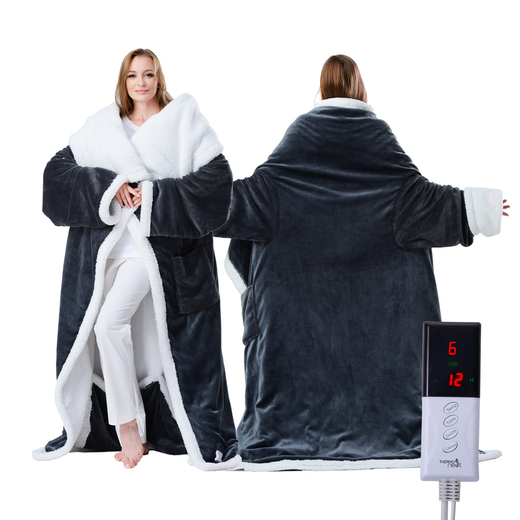 Wearable Heated Blanket by ThermoNest, Long Grey Flannel Throw with Sleeves and Foot Pocket, 6 Heat Levels and 1–12 Hour Auto-Off for Indoor Lounging