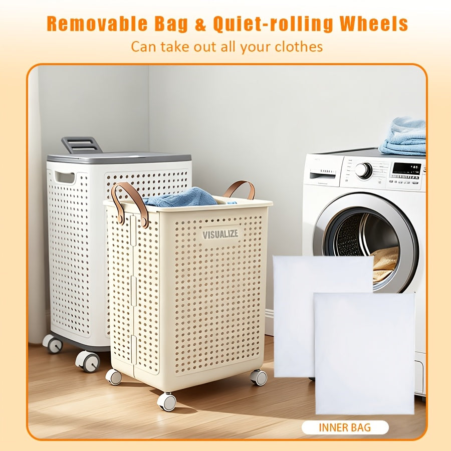 Wheeled Foldable Laundry Hamper in Cream White, Clothes Storage Basket with M, L and XL Options, Selected Inner Bag Configurations and Lidded XXL Selection