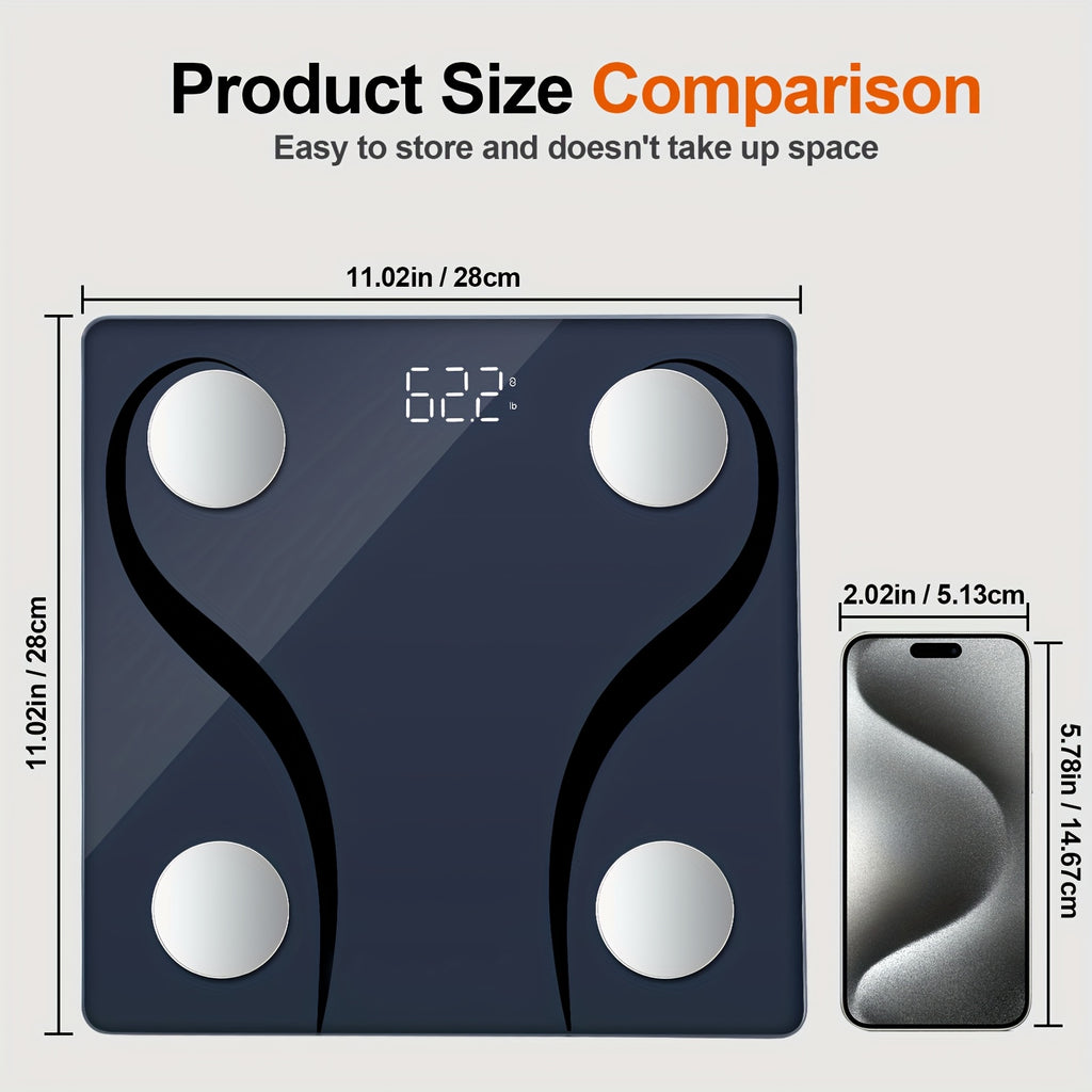 Smart Body Fat Scale with App Tracking, 180kg/396lb Digital Weight Scale with BMI, BMR and Muscle Analysis, Thickened Glass Top with Stainless Steel Electrodes, Dual Unit KG/LB, 11x11 Inch for Bathroom, Gym and Bedroom