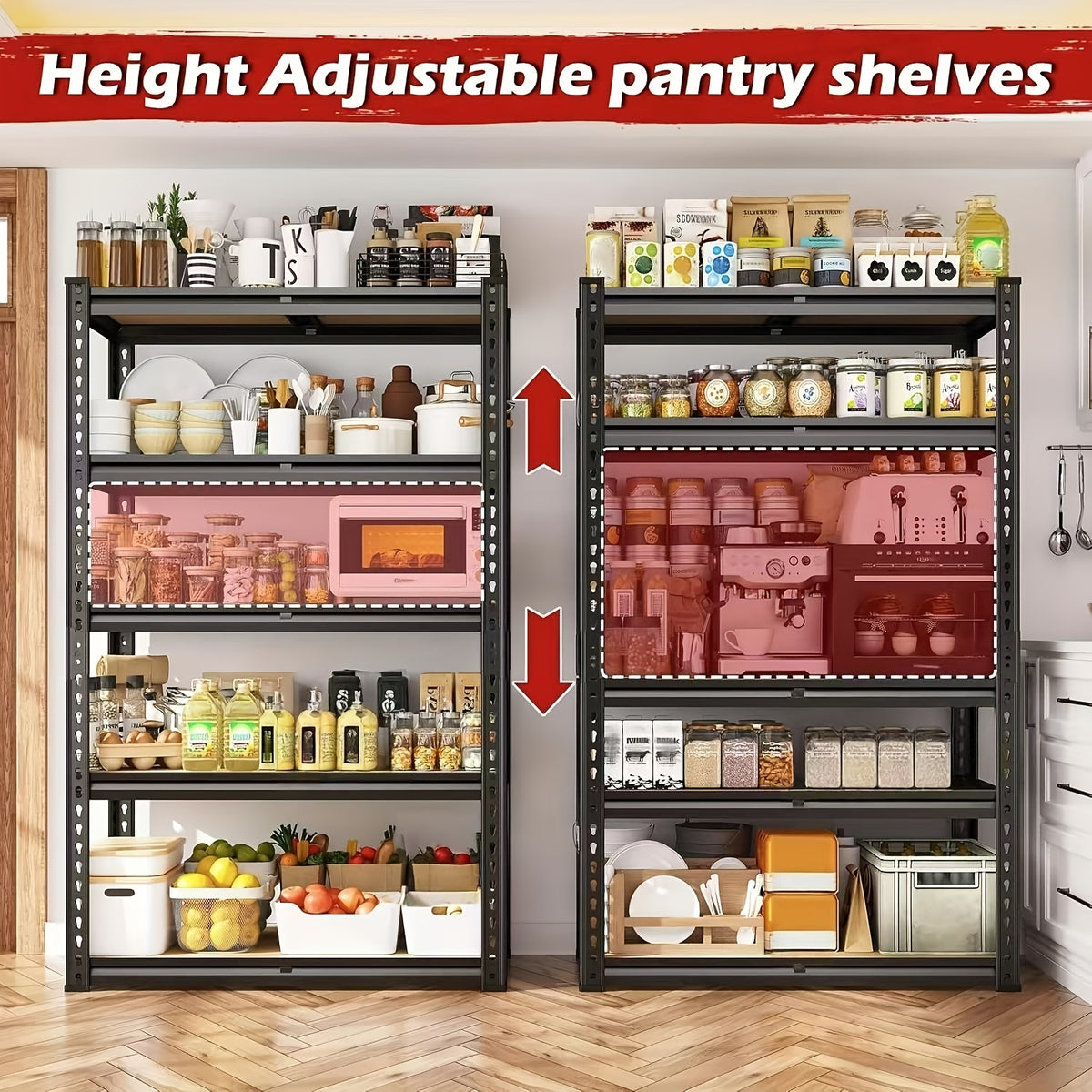 Adjustable Storage Shelving by REIBII with Five Wood-Board Tiers and Black Metal Frame, Garage and Pantry Organizer with Height and Two-Piece Pack Options