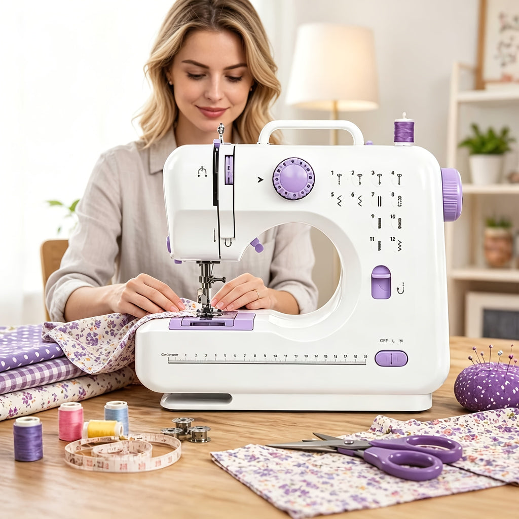 Dual Speed Sewing Machine for Beginners with Listed 12 Stitches, LED Work Light, Foot Pedal and 12-Color Thread Set, Portable Mini Electric Design for Home Craft Projects