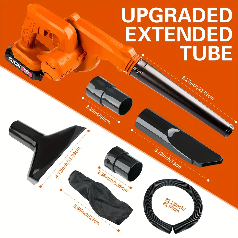 Blue and Orange Cordless Handheld Leaf Blower with Listed 21V Lithium Battery and Extension Tube, One- or Two-Battery Options for Yard and Garden Cleanup