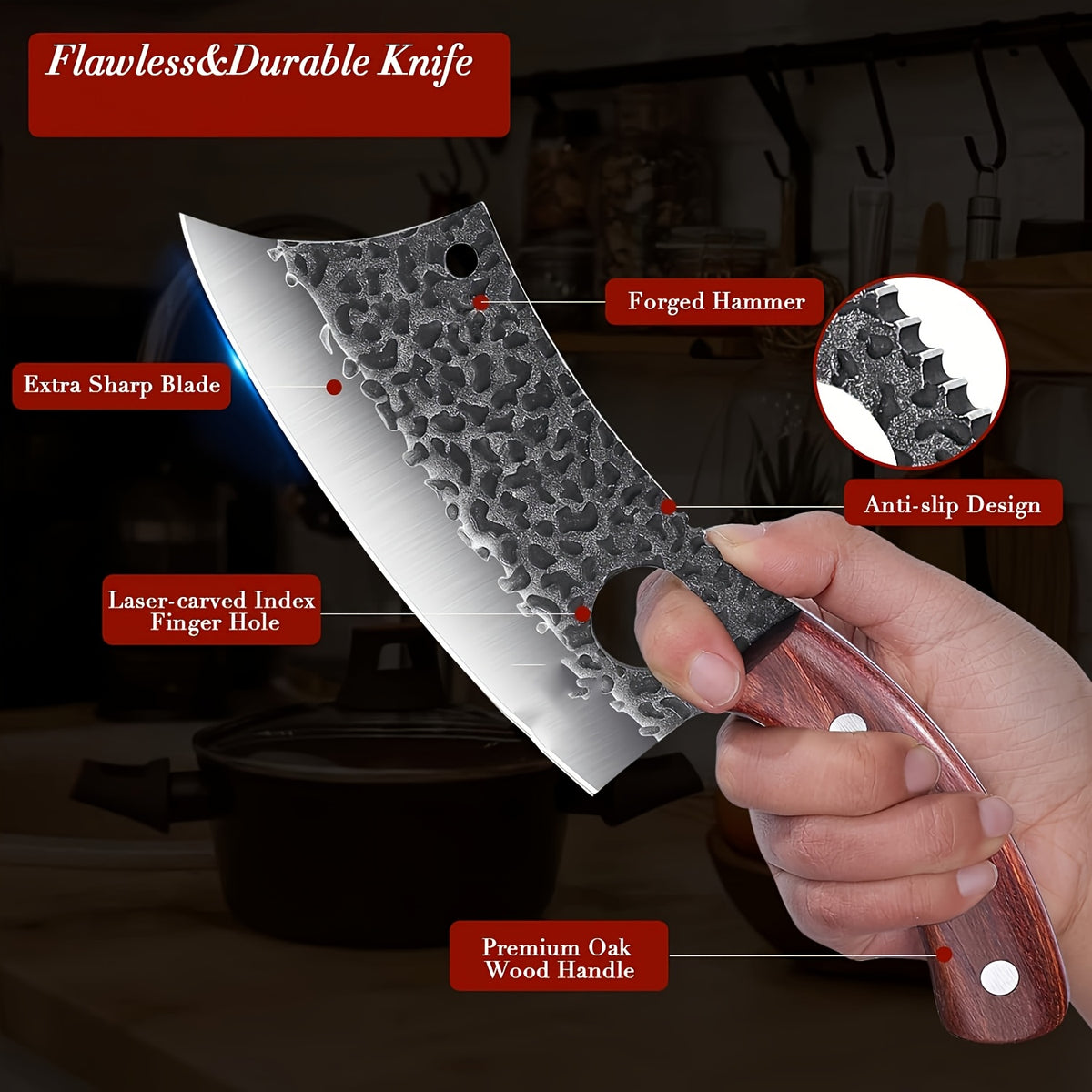 High Carbon Steel Meat Cleaver with Oak Wood Handle and Sheath, Viking Style Kitchen Knife for Meat and Vegetable Preparation, Camping Cooking and BBQ