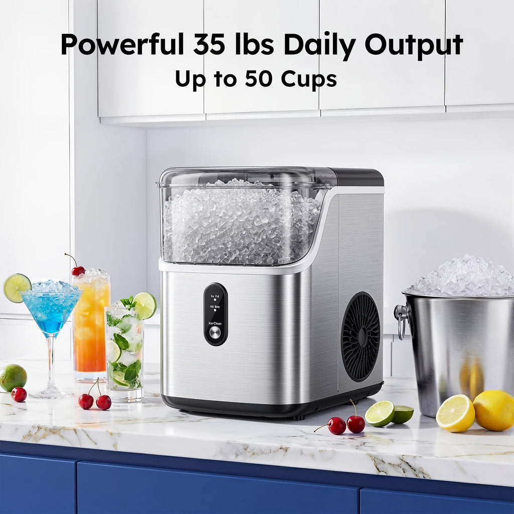 Carry-Handle Countertop Ice Maker with Bullet or Nugget Ice Option Labels, Self-Cleaning Wording, Basket and Scoop for Kitchen and Office Drink Preparation