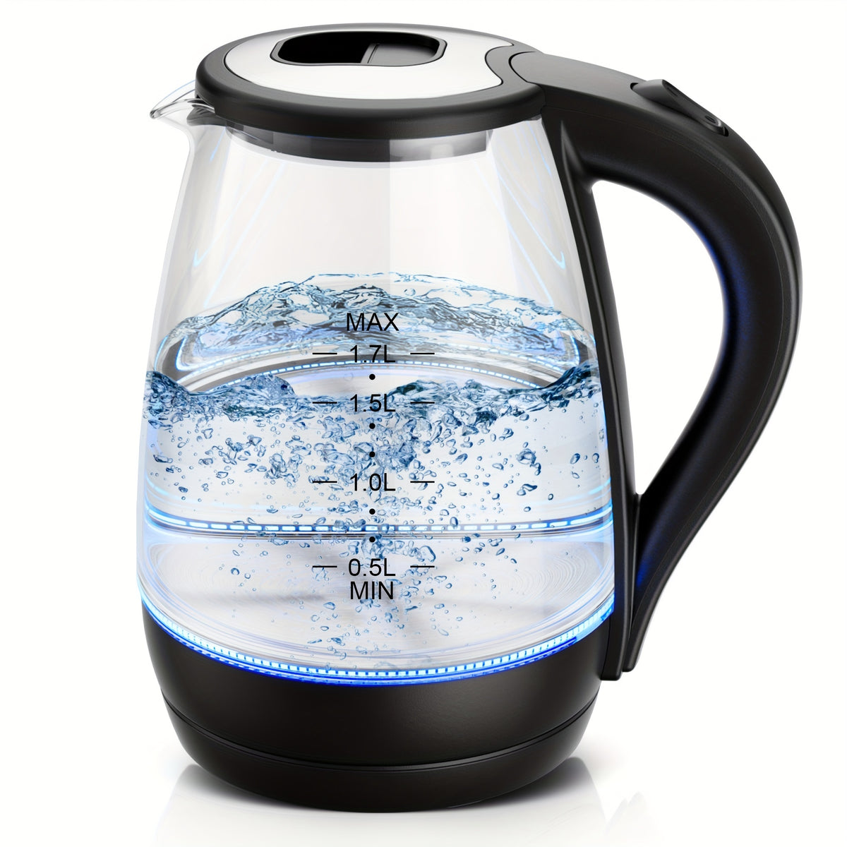 Blue LED Glass Electric Kettle with Listed 1.7L Capacity and 1200W Heating, Angled Pouring Spout, Auto-Shutoff and Boil-Dry Protection for Tea and Hot Water