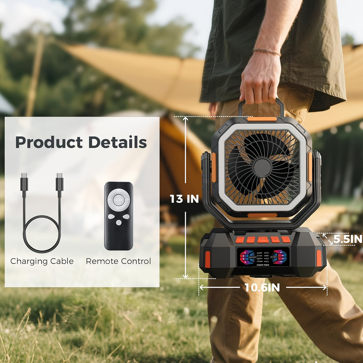Cordless Oscillating Camping Fan with 40000mAh Rechargeable Battery, 4 Speeds and LED Lantern for Tent Airflow, RV Travel, Picnics and Home Power Outages