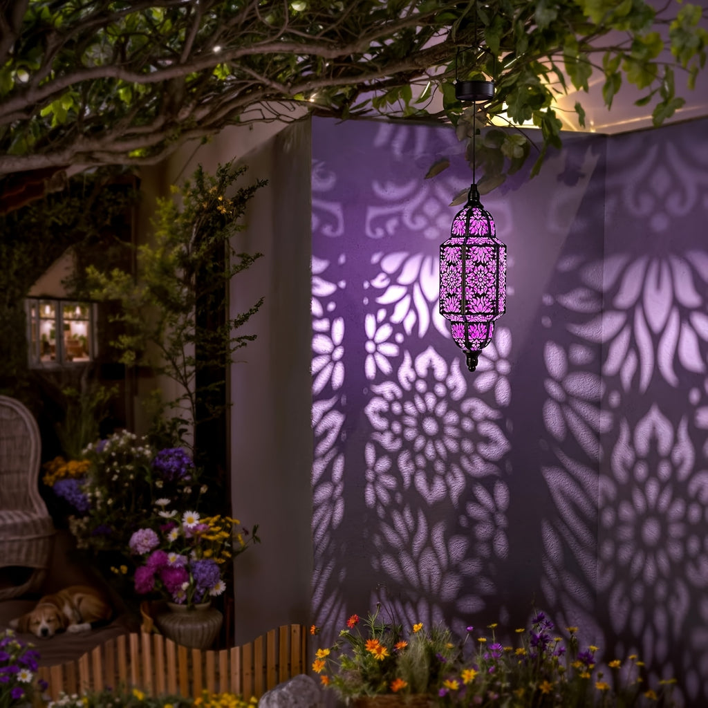 Hexagonal Solar Hanging Lantern, Moroccan-Inspired Hollow Iron Garden Light with Floral Pattern Projections and Automatic Night Lighting for Patio and Porch Decor