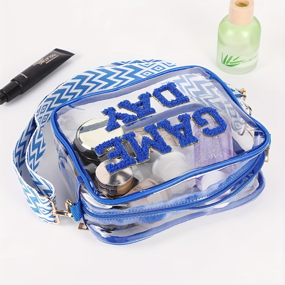 Transparent Square Crossbody Bag with Embroidered Letter Detail, Clear PVC Shoulder Accessory with Zipper Closure and Painted Edges in Grey, Orange or Red for Everyday Outings