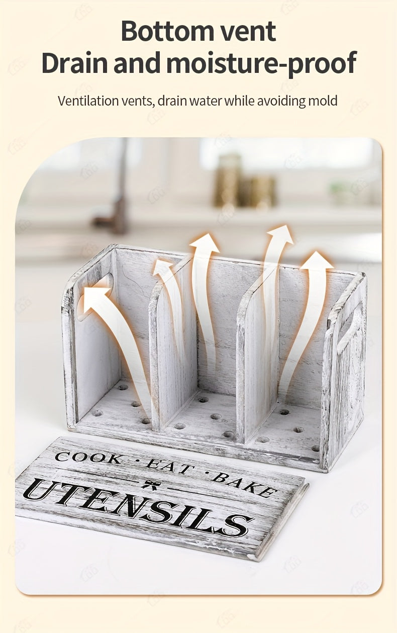 Wooden Kitchen Utensil Holder by LDQ, Rustic Countertop Organizer in Black or White with Two-Compartment Options for Forks, Spoons and Whisks