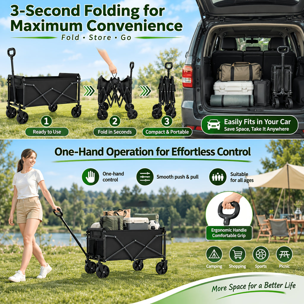Foldable Utility Cart with Detachable 600D Oxford Fabric and Four Wheels, Alloy Steel Frame Wagon Models for Camping Supplies, Garden Gear and Grocery Transport