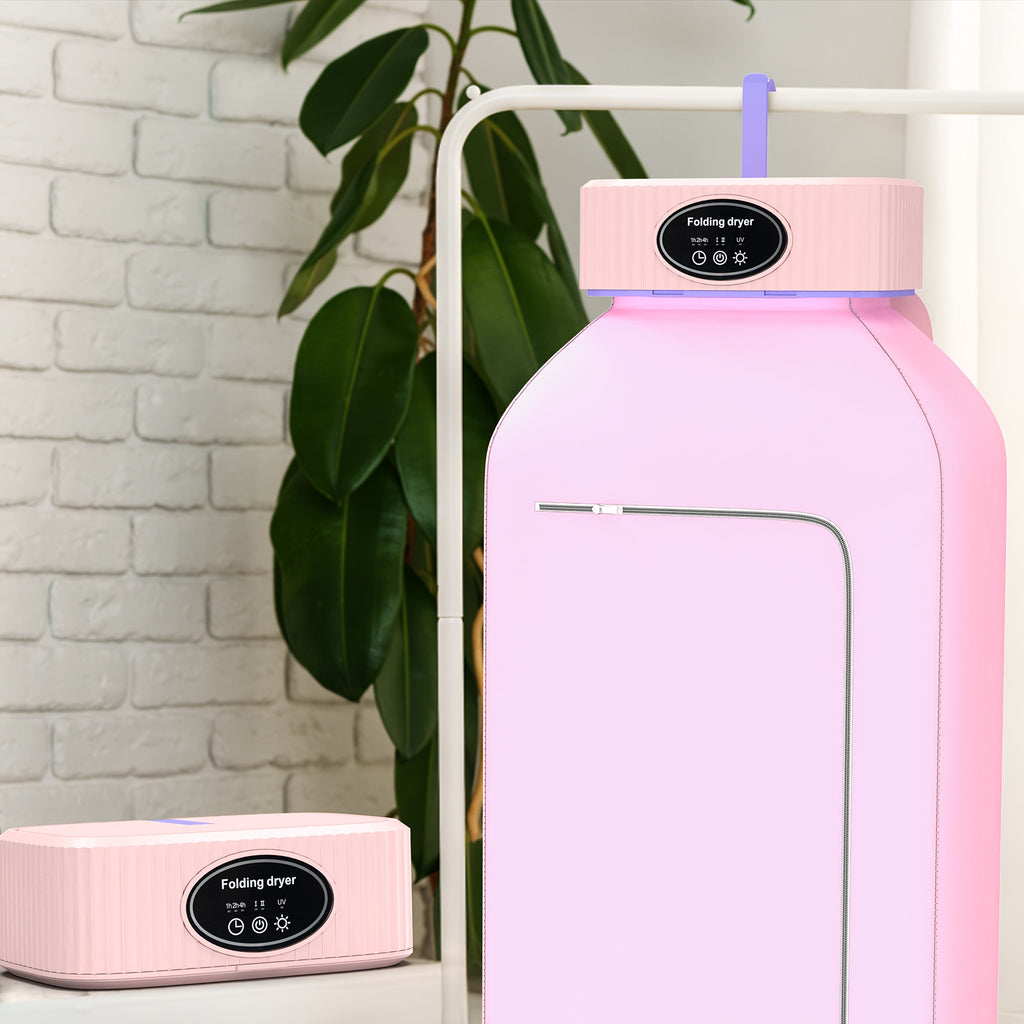 Foldable Portable Clothes Dryer with Timer and Listed Built-In LED UV Feature, Compact Laundry Care Machine in Pink, Khaki or Purple for Apartment, Travel and RV Use