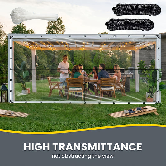 Clear Outdoor Tarp with Grommets, Transparent Garden and Patio Cover in Multiple Sizes with Listed Rope and Ties for Porch, Canopy and Camping Projects