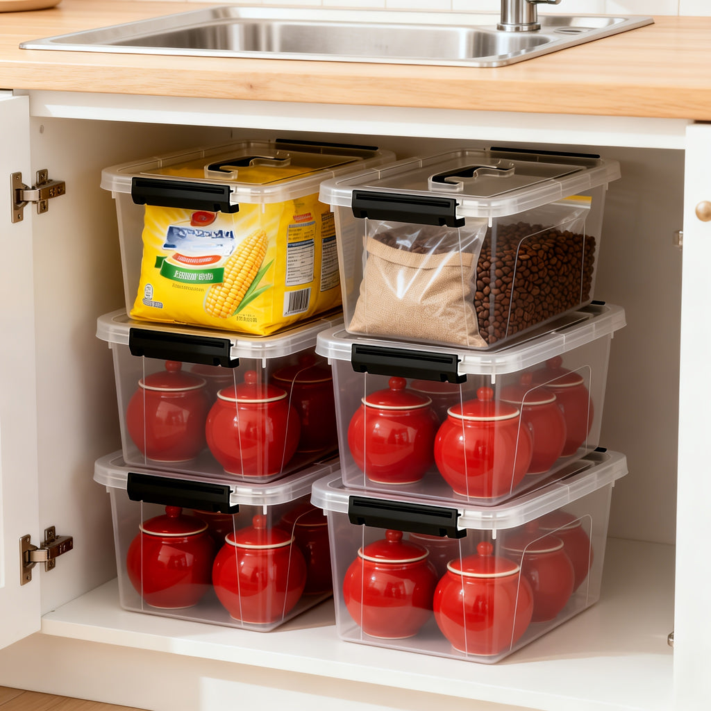 6-Quart Clear Plastic Storage Boxes with Latching Closures, Stackable 3 or 6-Pack Organizer Bins for Home Office Supplies and Closet Organization