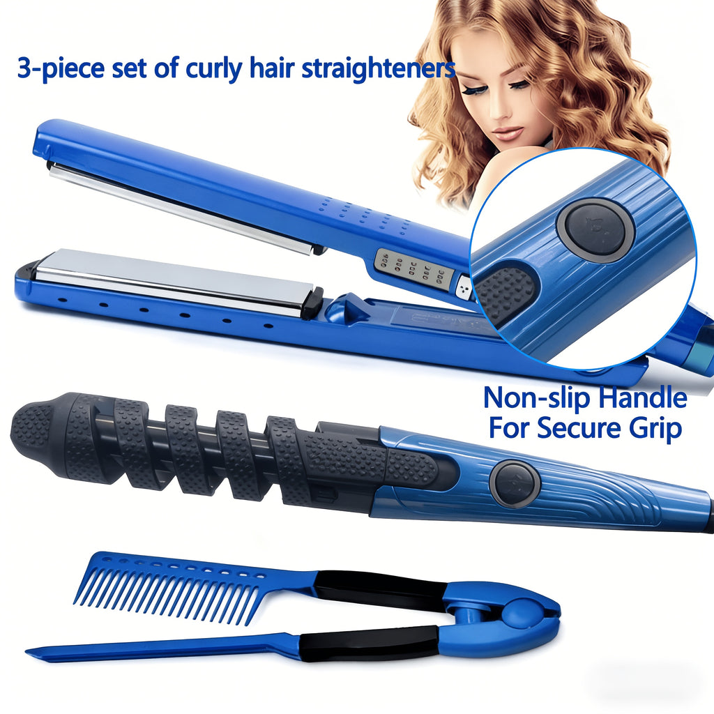 Flat Iron and Curling Iron Hair Styling Set with Comb, Upgraded Three-in-One Kit for Straight Hair, Curls and Wave Styling Routines, Birthday or Mother's Day Gift Idea