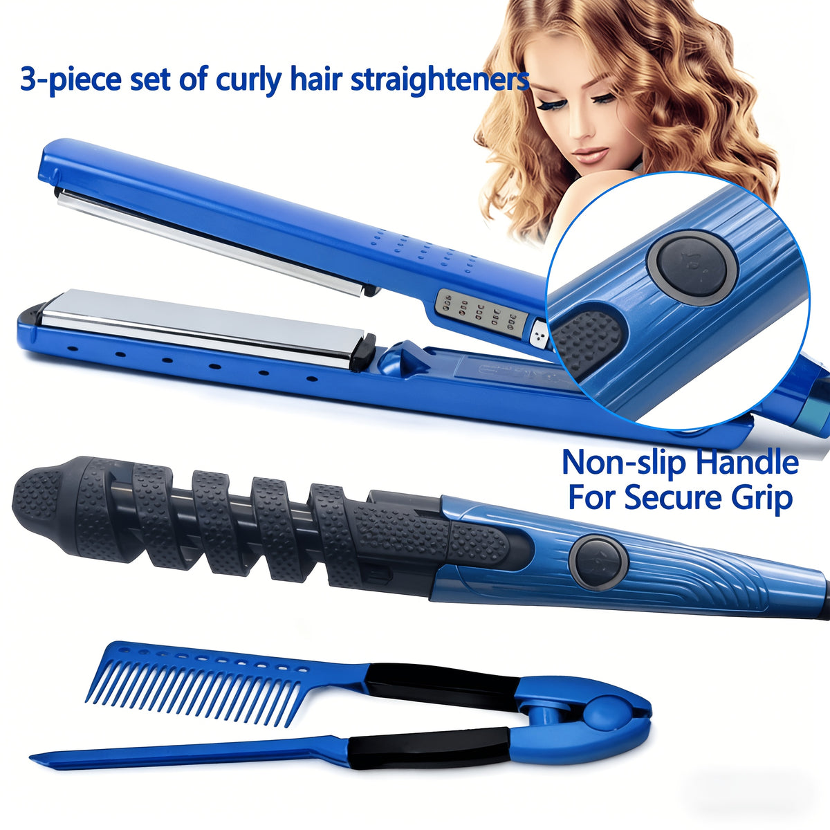 Flat Iron and Curling Iron Hair Styling Set with Comb, Upgraded Three-in-One Kit for Straight Hair, Curls and Wave Styling Routines, Birthday or Mother's Day Gift Idea