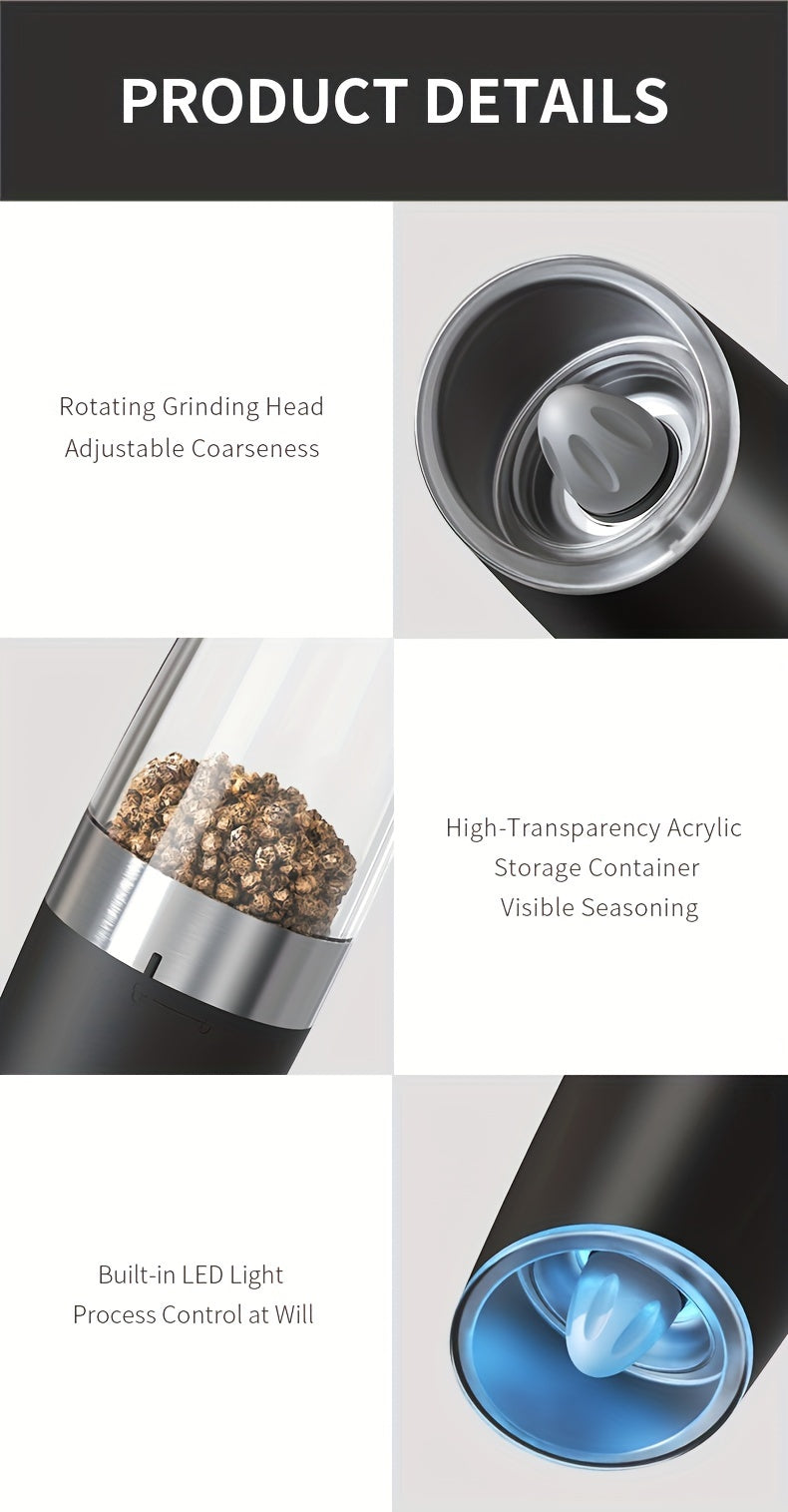 Electric Salt and Pepper Mill with Adjustable Coarseness and LED Light for Kitchen Seasoning, Single or Two-Piece Selections with Gravity-Sensing and USB Option Labels
