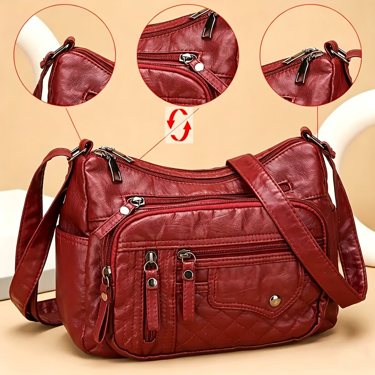 CuteCity PU Shoulder Bag for Women with Adjustable Crossbody Strap, Multiple Zipper Pockets and Burgundy or Grey Options for Everyday Carry