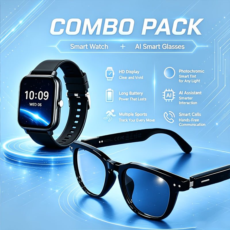 Multilingual Translation Glasses and Touchscreen Smartwatch Set, AI Smart Wearable Combo with Touch Control and Standard or Flagship Upgrade Options