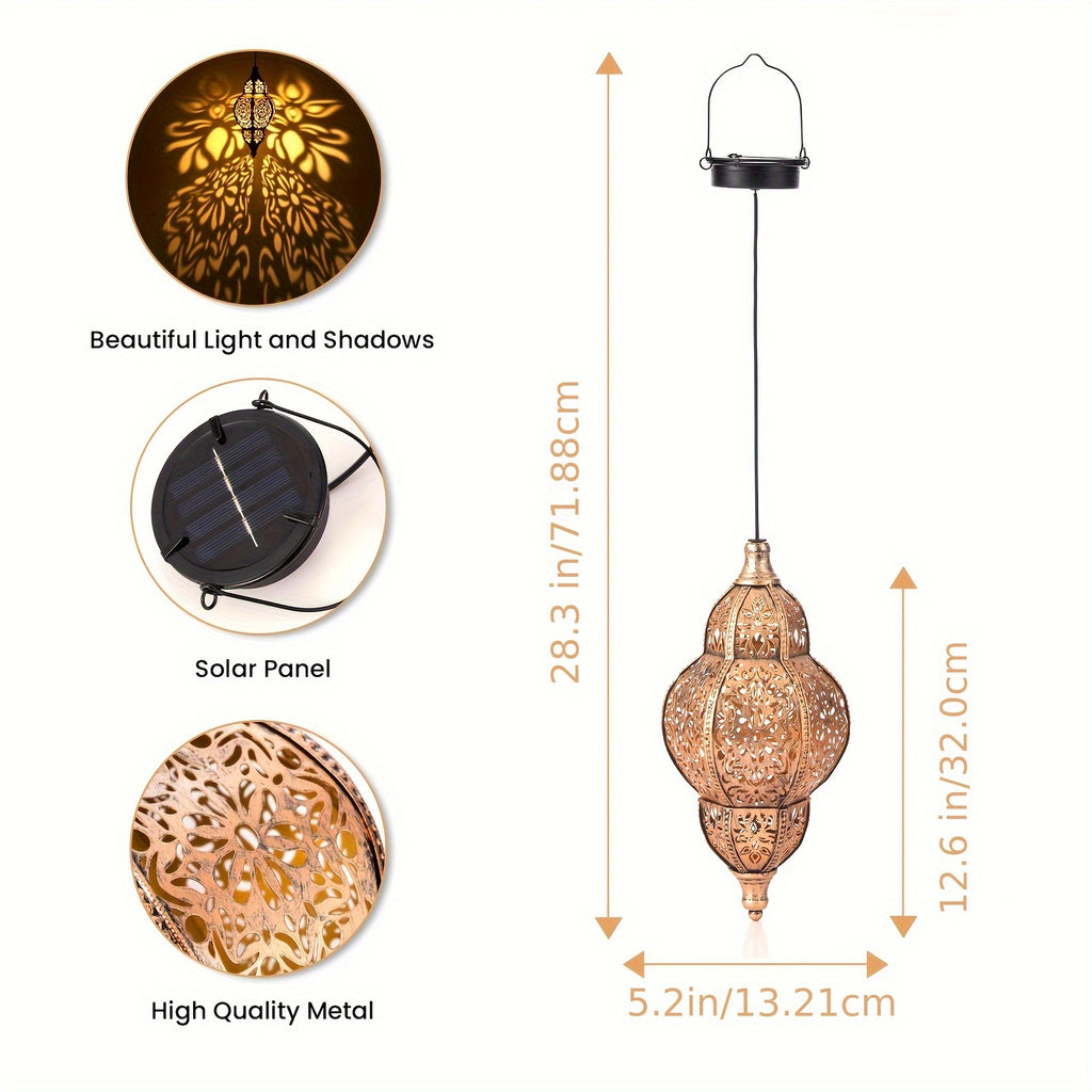 Solar Pendant Lantern in Copper Color with Listed Hollow-Out Iron Design and 27.17-Inch Size Wording for Decorative Patio, Garden, Deck and Porch Displays