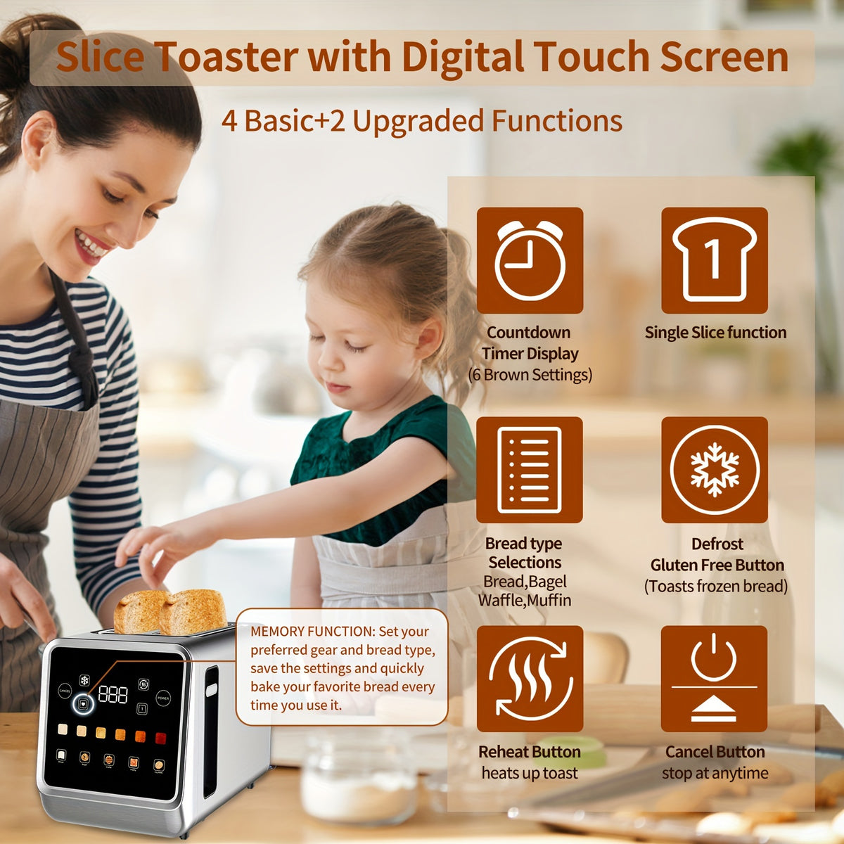 Seven-Shade Touchscreen Two-Slice Toaster with Listed Five Bread Selections, 1.5-Inch Slots, Bagel, Defrost, Cancel and Reheat Functions, Stainless Steel Options