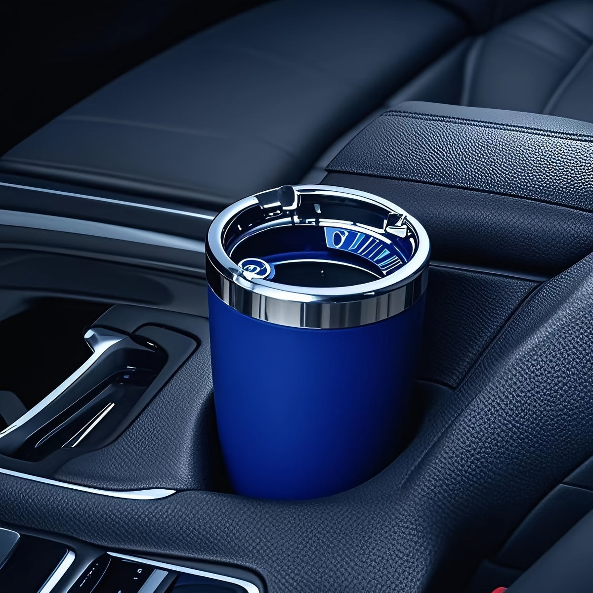 Automatic Car Ashtray with Detachable Cleaning Brushes, Compact Battery-Powered Vehicle Accessory in Black, Blue or Red Single and Paired Option Labels