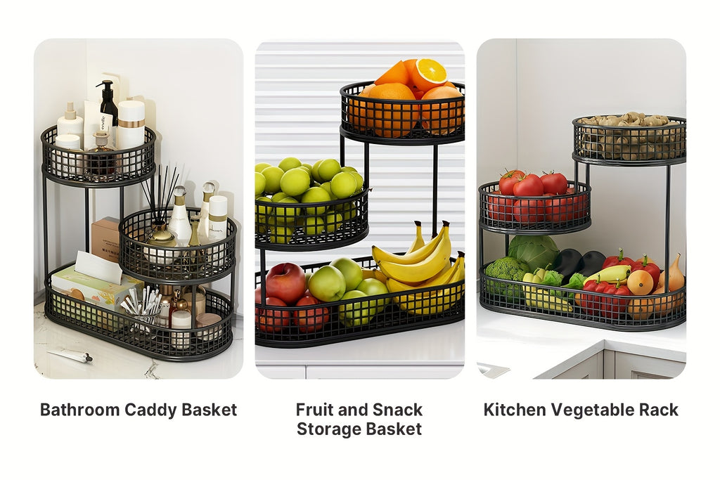 3-Tier Metal Fruit Basket for Kitchen Organization, Large Capacity Produce, Bread and Snack Storage with Black and 3 tier-Golden Option Labels