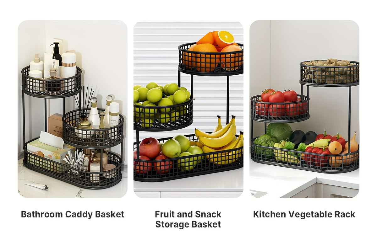 3-Tier Metal Fruit Basket for Kitchen Organization, Large Capacity Produce, Bread and Snack Storage with Black and 3 tier-Golden Option Labels