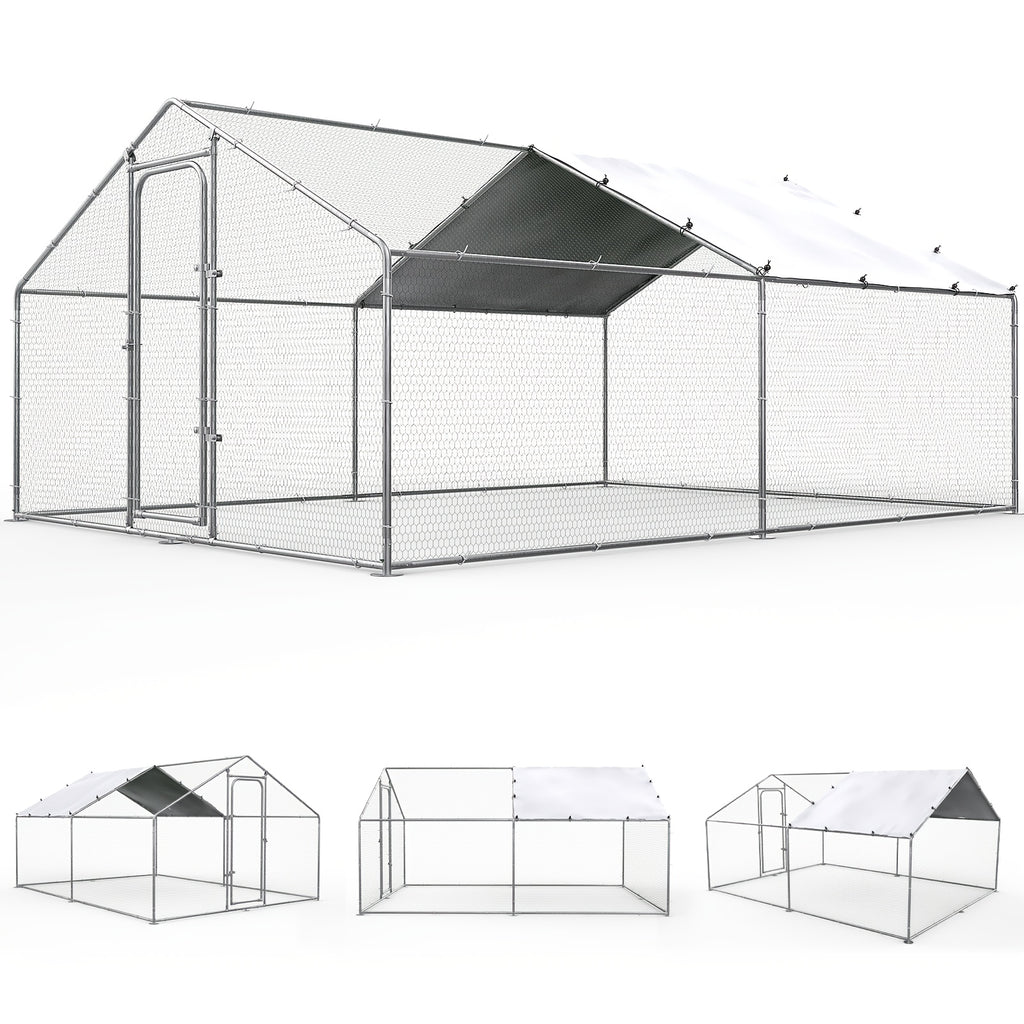 Metal Poultry Run Enclosure by SNDM, Outdoor Chicken Coop Cage with Listed Partial Cover, Mesh Walls, Access Doors and Latches in Three Unit Options