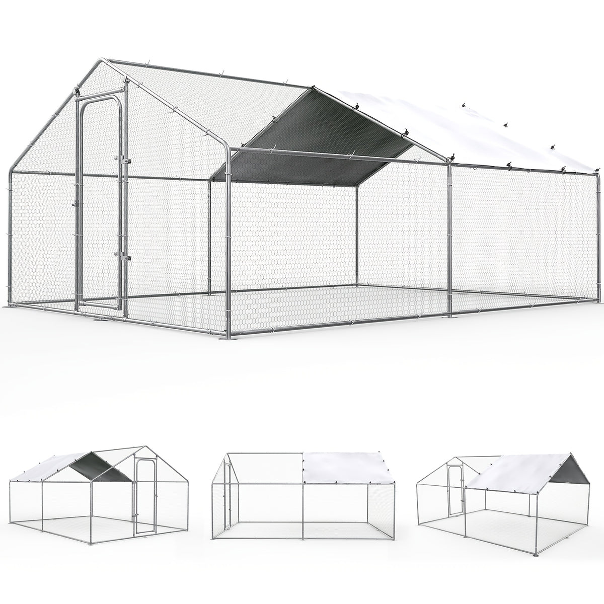 Metal Poultry Run Enclosure by SNDM, Outdoor Chicken Coop Cage with Listed Partial Cover, Mesh Walls, Access Doors and Latches in Three Unit Options