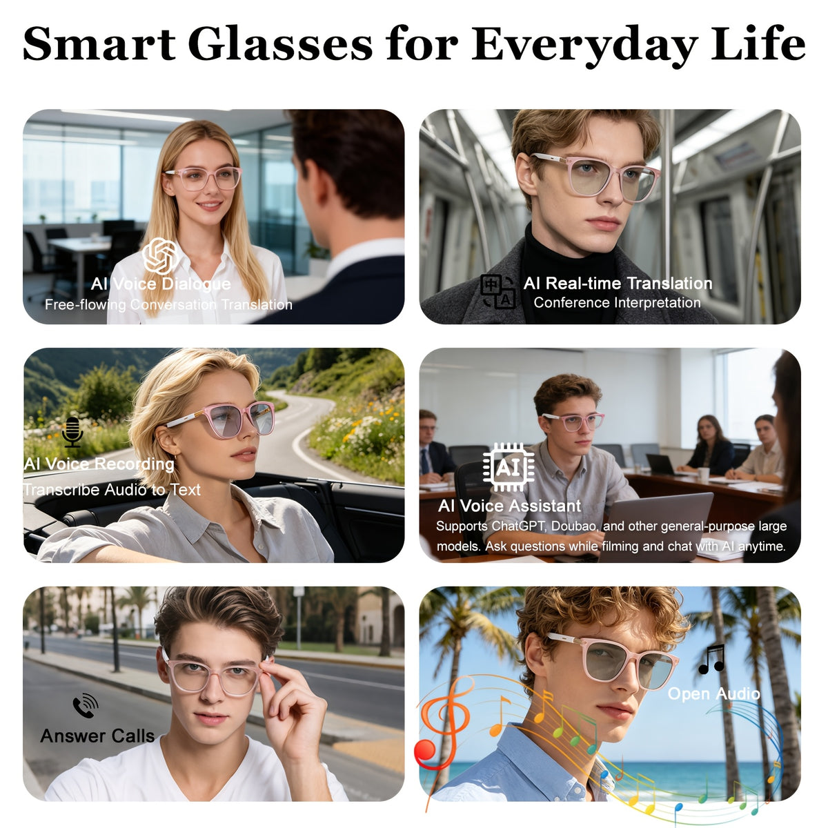 Wireless AI Translation Glasses with Listed 164-Language Support, Photochromic Lenses, Music and Hands-Free Calls in Black, Tortoiseshell or Pink