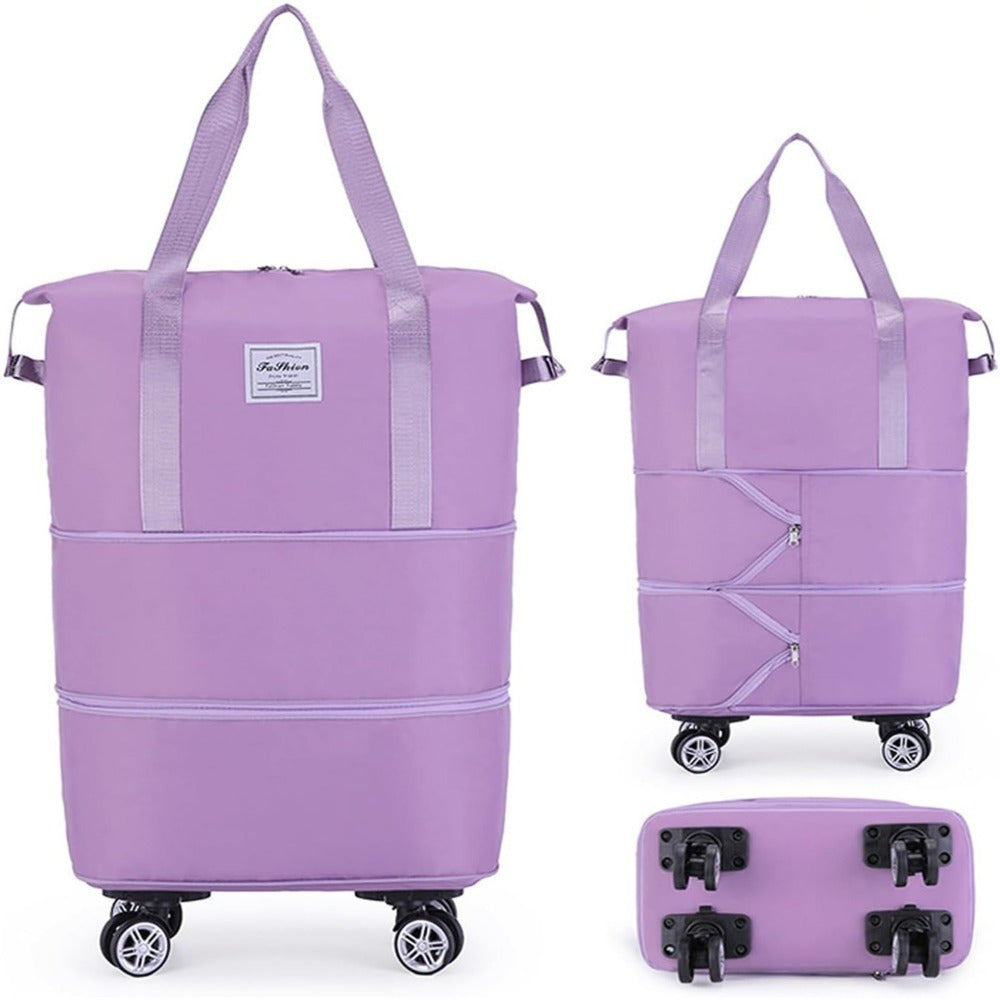 Three-Layer Expandable Travel Bag, Wheeled Clothing Duffel with Four Removable 360-Degree Wheels and Adjustable Pull Handle in Black, Pink, Blue or Purple
