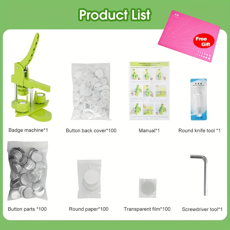 Green Button Maker Press with Listed 58mm Badge Size, Installation-Free Design, 100pcs Button Parts, Pictures, Circle Cutter and Magic Book for DIY Pin Projects