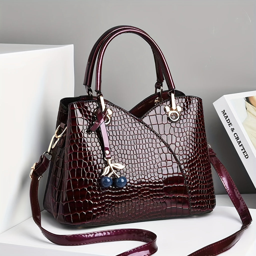 Faux Crocodile Texture Handbag, Women's Burgundy or White Fashion Bag with Cherry Pendant, Zipper Closure and Polyester Lining for Shoulder and Crossbody Styling