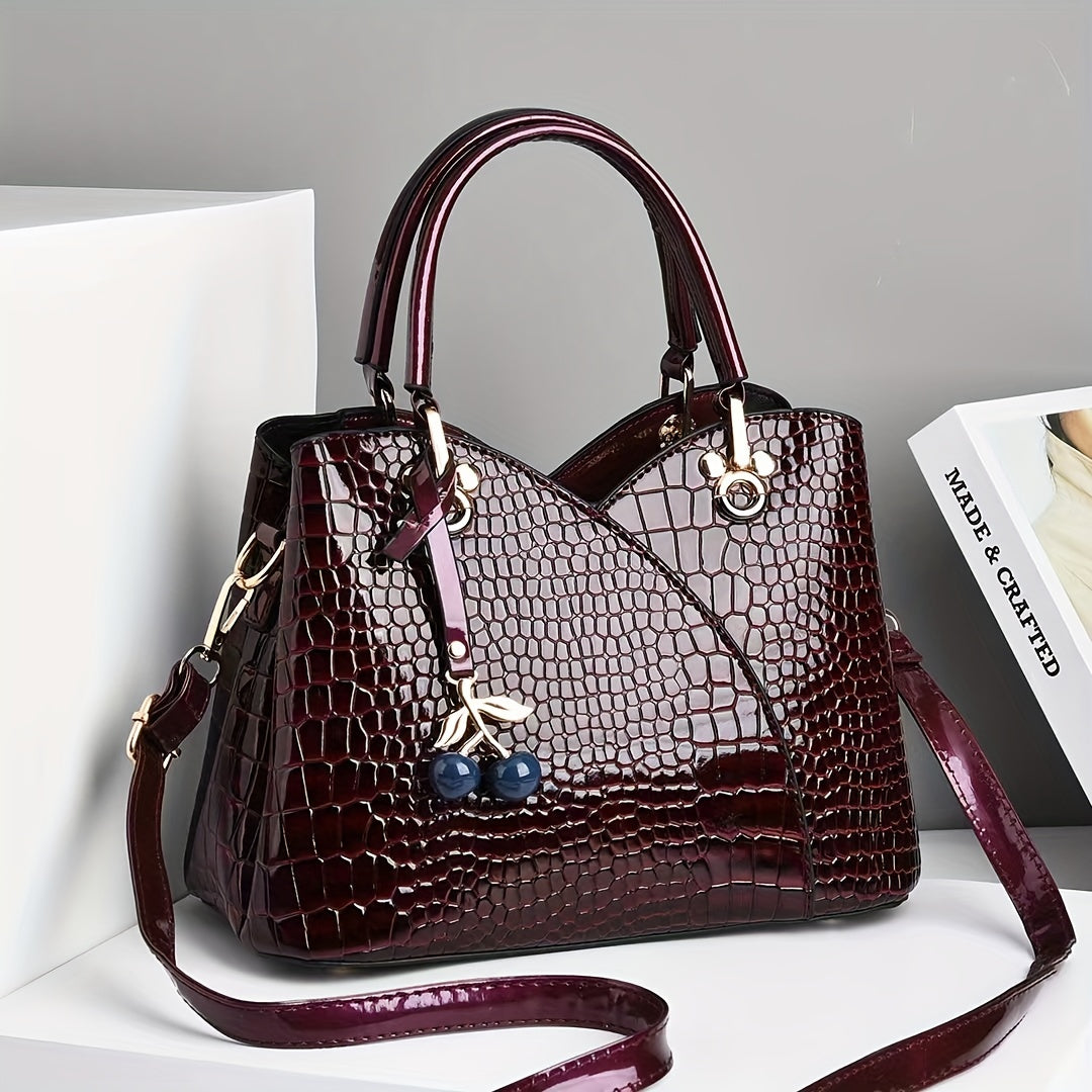Faux Crocodile Texture Handbag, Women's Burgundy or White Fashion Bag with Cherry Pendant, Zipper Closure and Polyester Lining for Shoulder and Crossbody Styling