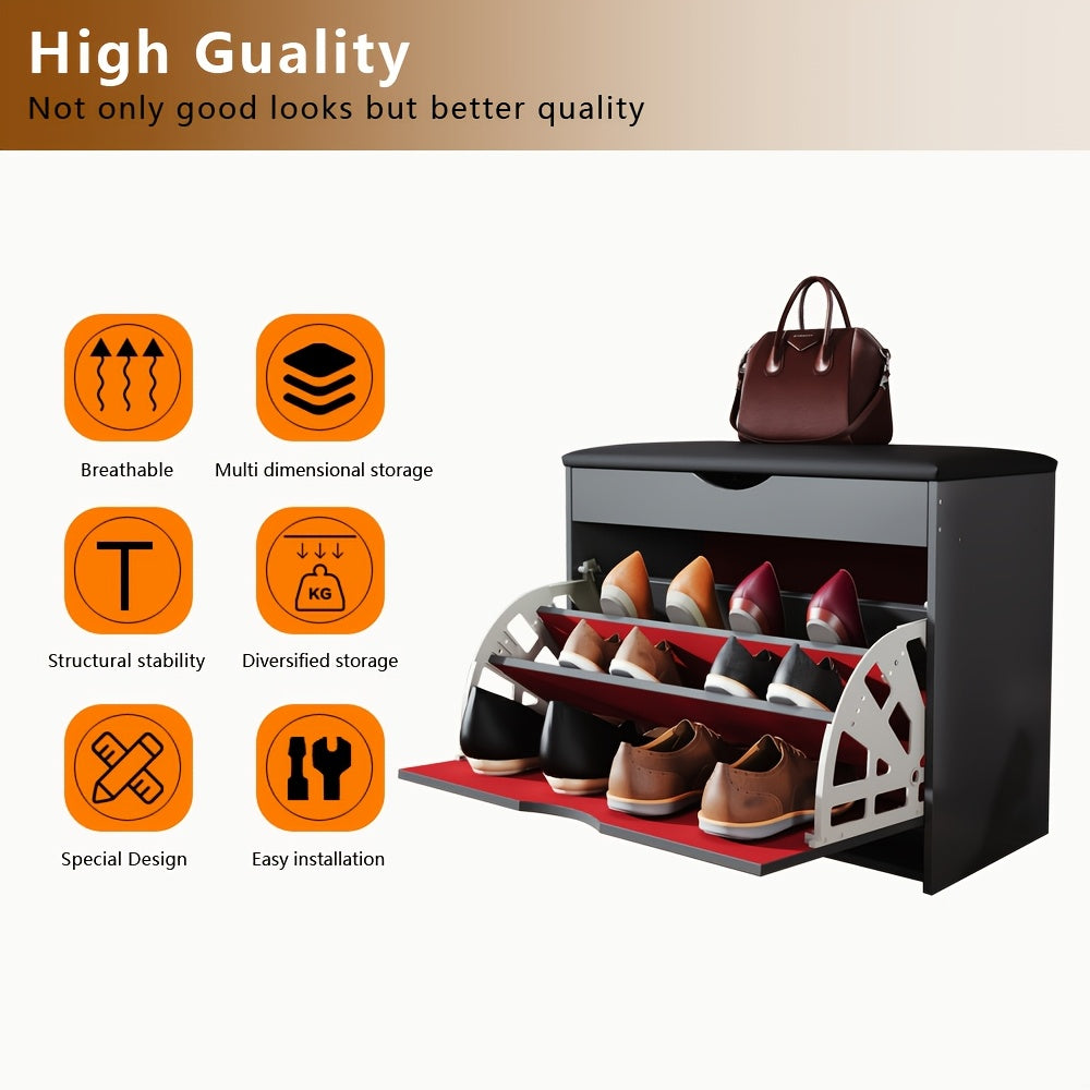 Cushioned Shoe Storage Cabinet with Three Listed Layers and Soft Padded Top, Brown or Gray Options for Entryway, Bedroom and Hallway Footwear Organization