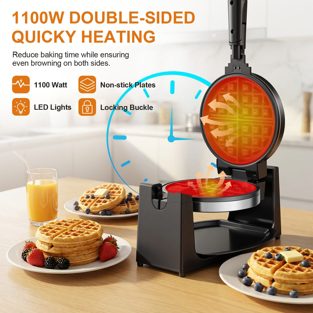 Rotating Belgian Waffle Maker with Listed 180-Degree Flip and Adjustable Browning, Silvery Single-Layer or Double Waffle Iron Options for Home Breakfasts